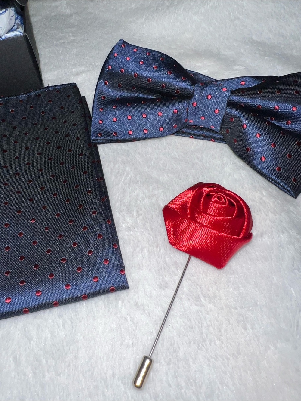 Navy Bow Tie and Pocket Square Set with Red Rose Lapel Pin